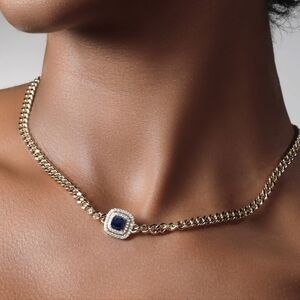 14K Gold Sapphire 1.54ct tw Diamond Moissanite Cuban Curb Link Chain Necklace